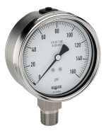  40-500-10000-psi/bar-MIP 1/2 NPT Bottom Conn, Stainless Steel Gauge-40 Degree Service Filled, Maximum Indicating Pointer