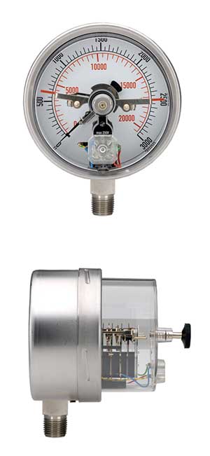  40-410-5000-psi-1/4-MSCS-SSBU 1/4 NPT Back Conn, 4 Stainless Steel dry Pressure Gauge,MAGNETIC SPRING CONTACT  SS Bezel w/U-Clamp