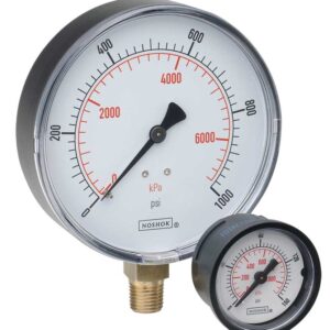  20-110-60-psi/bar-BLFF-BP3 1/4 NPT Back Conn 2 ABS Case Gauge, Black Front Flange, 0.3 mm Brass Press Fit Orifice
