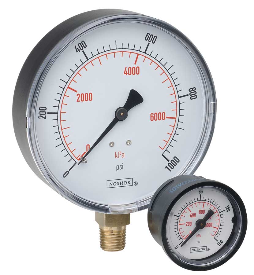 100_Series_Gauge_Group-large 20-110-60-psi/bar-BLFF-BP3 1/4 NPT Back Conn 2 ABS Case Gauge, Black Front Flange, 0.3 mm Brass Press Fit Orifice - Image 1