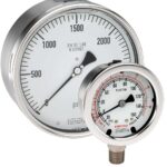  40-400-30-psi/kPa-1/4-MIP-SSFF-ST8 1/4 NPT Bottom Conn, 4 Stainless Steel Gauge, Maximum Indicating Pointer, SS Front Flange, 0.8 mm SS Threaded Orifice