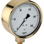  40-300-200-psi-BFF-BT8 1/4 NPT Bottom Conn 4 Brass Case Gauge, Glycerin Filled,  Brass Front Flange, 0.8 mm Brass Threaded Orifice