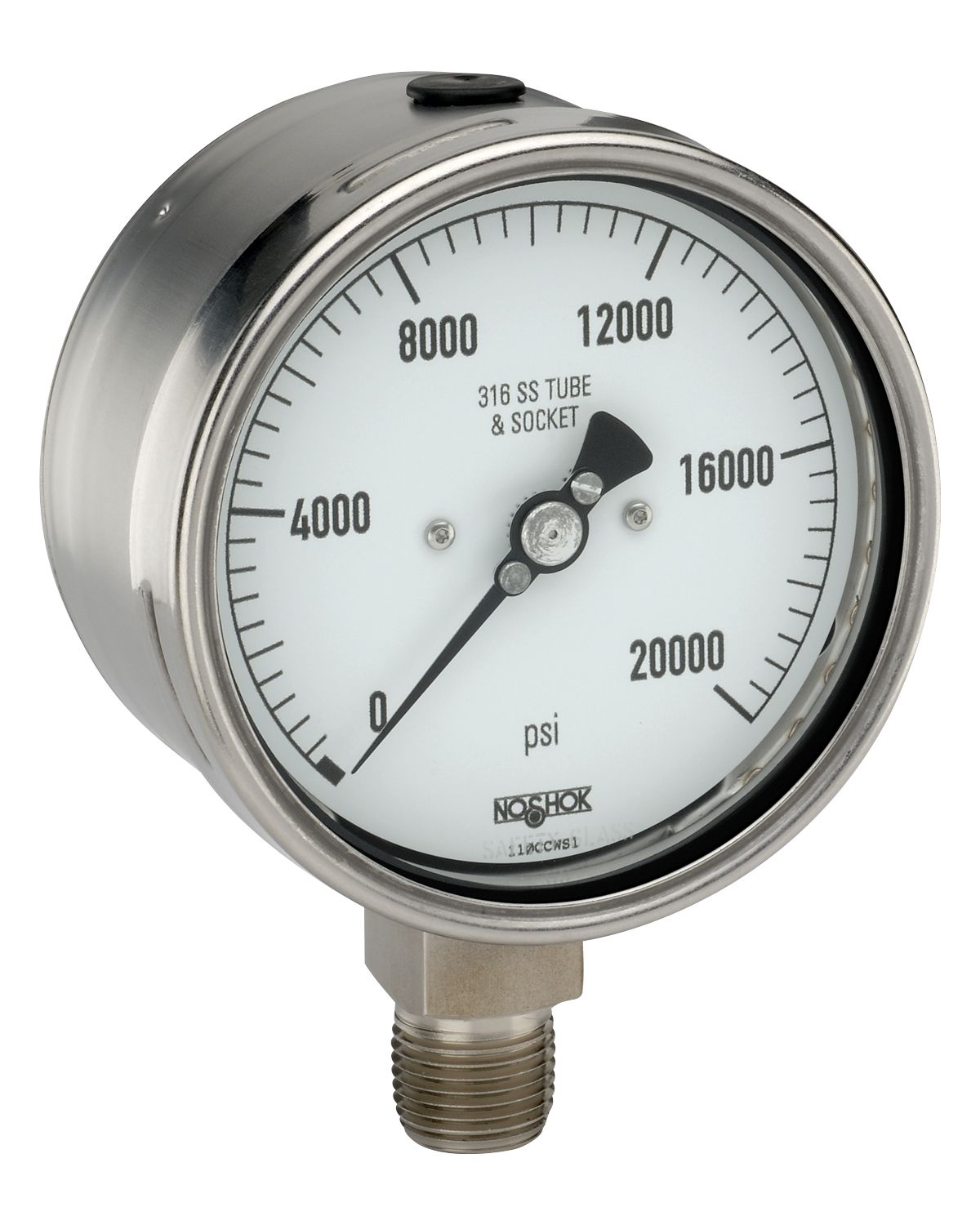 40_402_20000_psi 40-502-50000-PSI/KPA-SP- 9/16-18 UNF 2B high pressure cone Liquid filled, 4 inch bottom connection red set pointer Extreme High Pressure Gauge-50,000 psi - Image 1
