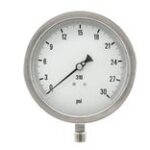 Pic Gauges 6001-4LC PRESSURE GAUGE, 6" DIAL, 0/30 PSI, 1/4" LOWER MOUNT, STAINLESS STEEL CASE, 316SS INTERNALS, DRY/FILLABLE, LAMINATED SAFETY GLASS